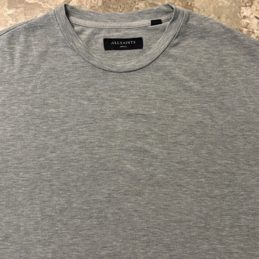 All Saints Shirt Mens Small Grey Smith Short Sleeve Sweater Knit Raw Hem Sleeves